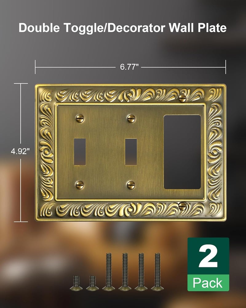 treewell 2-Pack Combo Double Toggle/Single Decorator Outlet Cover Plate, Paisley Pattern Decorative Switch Plates and Outlet Covers, 4 Gang Antique Brass Metal Wall Plates, Corrosion Resistant - Image 2